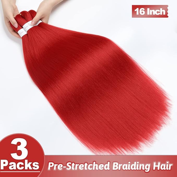 Umylar Red Braiding Hair Extensions 16 Inch Pre stretched Braiding Hair Hot Water Setting Synthetic Braiding Hair Pre Stretched Crochet Braids Hair(16 Inch,3 Packs,Red#）