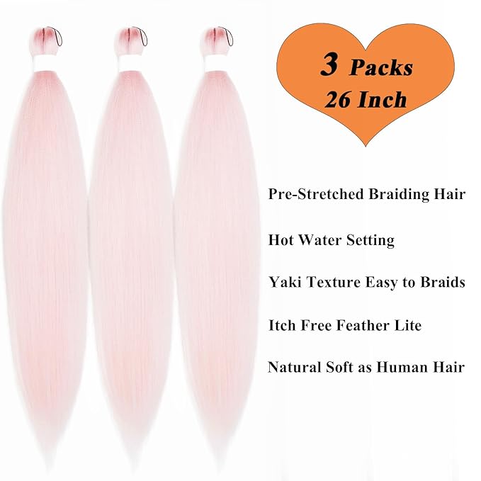 Rose Gold Pink Braiding Hair Pre Stretched 26 Inch Light Pink Colored Hair Extensions for Braiding Crochet Hair Box Braids Micro Jumbo Pre Stretched Braiding Hair 3 Pack
