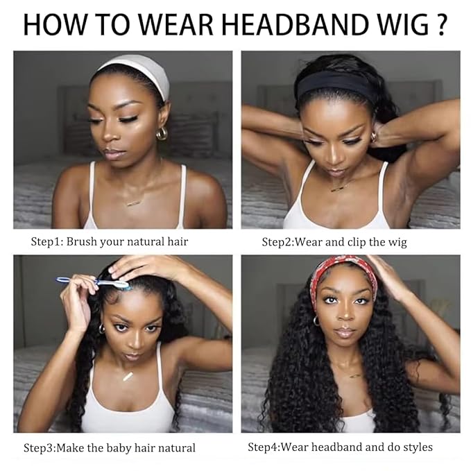 Headband Wig Human Hair For Black Women 16 Inch Wet And Wavy Head Band Wigs Human Hair No Lace Deep Curly Headband Wigs Natural Black Color