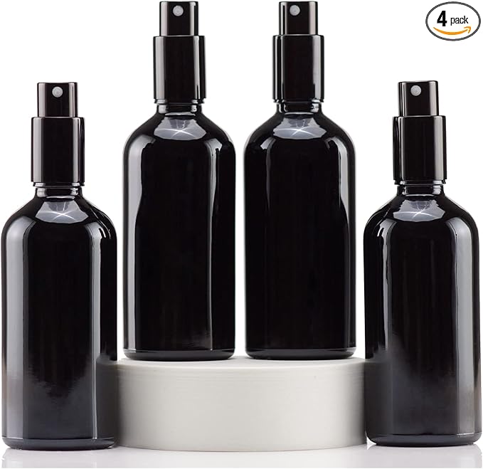 YIZHAO Black Glass Spray Bottles 4oz, with Small Fine Mist Spray, Metal Cap, Refillable for Essential Oil,Travel,Cleaning,Perfume,Aromatherapy,Makeup – 4 Pcs