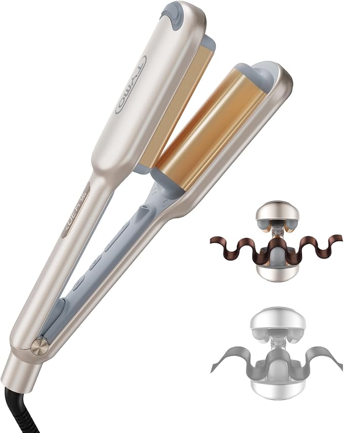 Curling Iron Hair Crimper Waver - TYMO ROVY Beach Waves Curling Wand, Ionic Deep Waver Hair Curler Tool with Ceramic 3 Barrel for Women, Dual Voltage, Anti-Scald, Easy to Use, Elegant Gold, 1 Inch