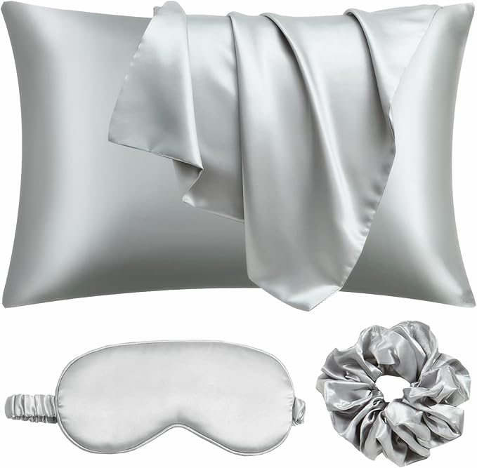Satin Pillowcase for Hair and Skin, Vegan Silk Pillowcase Set-2 Satin Pillowcases, 1 Eye Mask, 1 Scrunchie-Luxury Sleep Set, Silver Gray Pillow Cases Queen Size with Envelope Closure