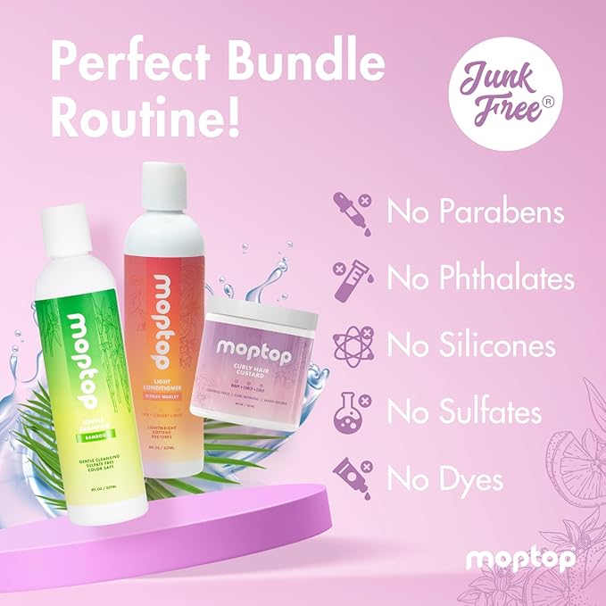 MopTop Gentle Shampoo + Light Conditioner + Curly Hair Gel for Curly, Wavy, and Coily Hair, Color Safe, Moisturizing Womens Hair Care