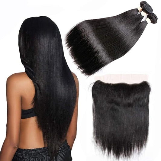 Brazilian Straight Human Hair 3 Bundles With 13x4 Ear to Ear Lace Frontal Closure (16 18 20+16 Frontal) Unprocessed Virgin Natural Color