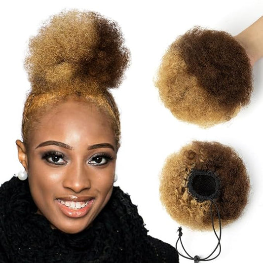 Afro Puff Clip On Human hair Drawstring Ponytail for Black Women,Ponytail Extension 6 Inch #4-27 Medium Brown/Dark Blonde 50g Short Afro Kinkys Curly Afro Bun Extension Hairpiece