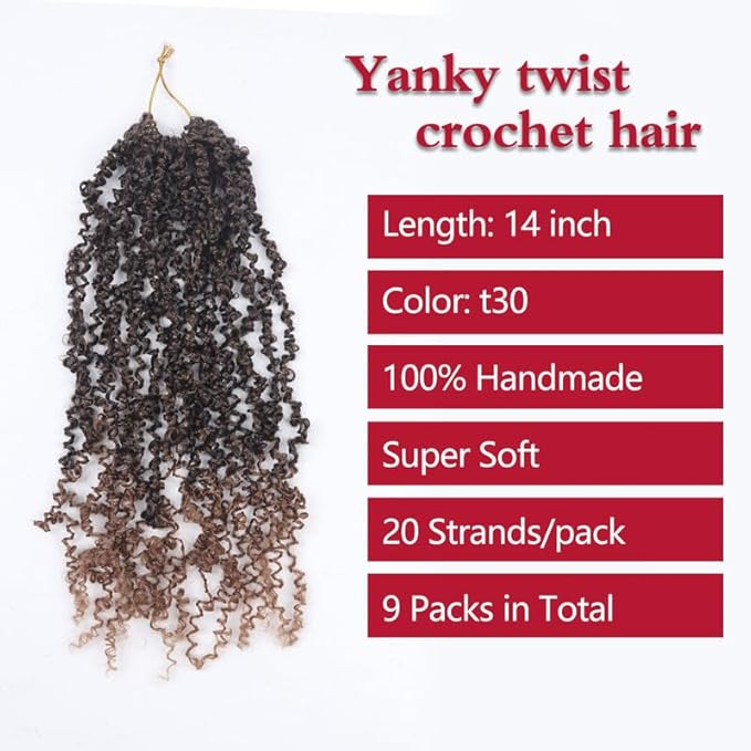 Yanky Twist Crochet Hair, PILLUGER Yaki Twists Hair Micro Spring Twist Braids,9 Packs Pre-looped passion Twist Brown Senegalese With Curls Crochet Synthetic Hair Extensions（14-T30）