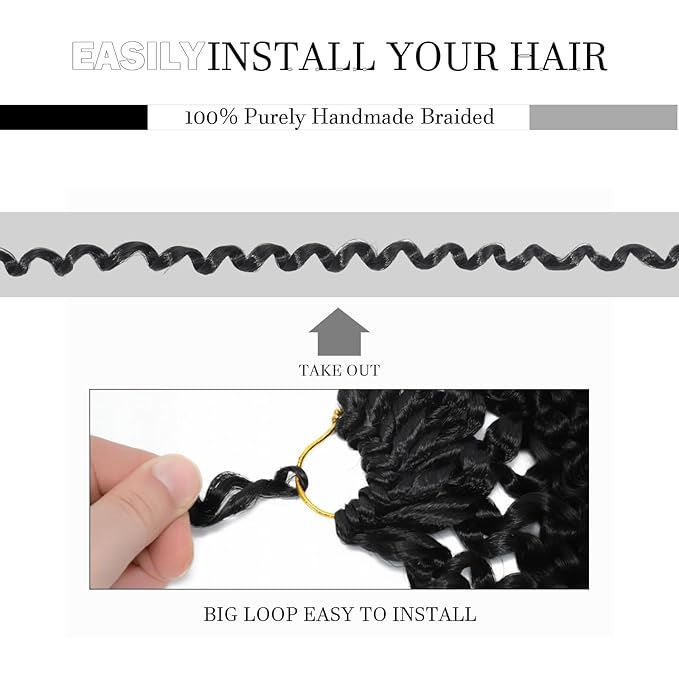 Passion Twist Hair 14 Inch 8 Packs Water Wave Crochet Hair Bohemian Braiding Hair Pre Looped Crochet Braids Hair Extensions For Women （1B Black#）