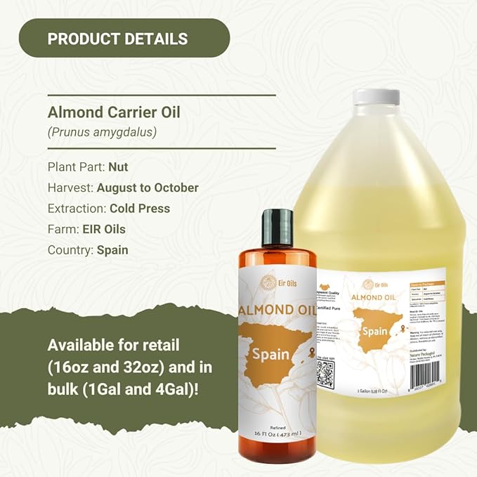 Sweet Almond Oil (16 oz) - for Skin and Hair - Carrier Oil for Essential Oils Mixing - From EIR Oils' Farm in Mallorca, Spain - 2 Packs