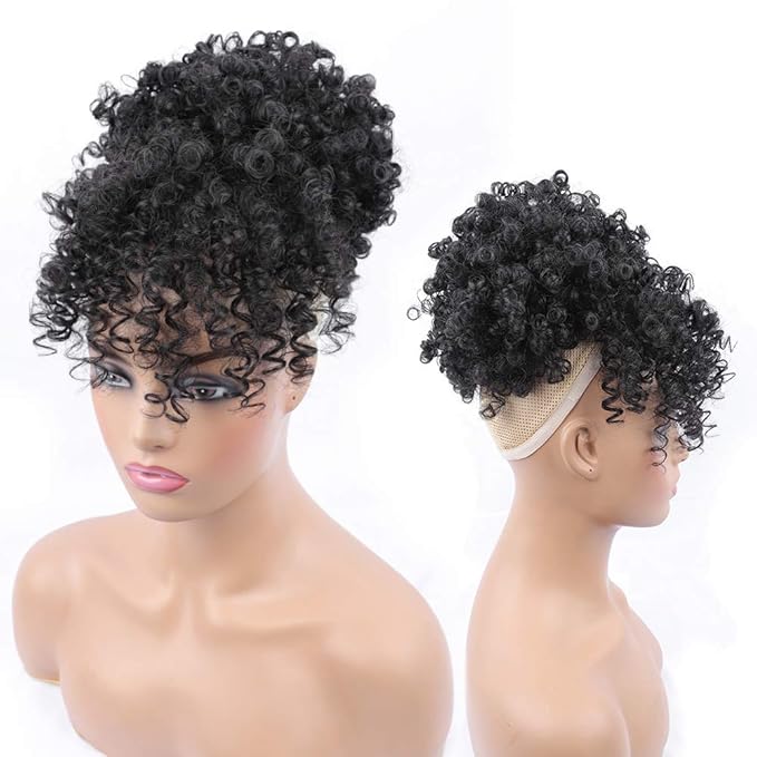 ENTRANCED STYLES Drawstring Ponytail with Bangs Afro Puff Ponytail Extensions for Women Short Curly Puff Ponytail with Bangs Clip in Wrap Updo Hairpiece for Women(1B)