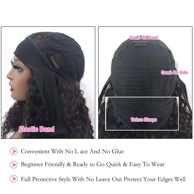 ISEE Hair Headband Human Hair Wigs 180% Density Water Wave Curly None Lace Front Wigs for Black Women Glueless Deep Wave Machine Made 20Inch