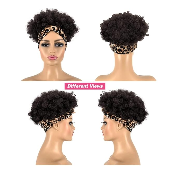Afro Headband Wig Short Afro Kinky Curly Wigs for Black Women,Natural Black Glueless Afro Wigs with headbands attached Synthetic with 2 Clips(2# Natural Black)