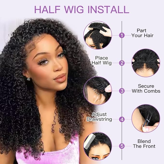 Ali Grace Kinky Curly Half Wig Human Hair 250% Density 3 In 1 Drawstring Seamless Flip Over Half Wigs For Women Glueless Wigs Beginner Friendly Half Curly Human Hair Wig 18 Inch (Black, 18inch)