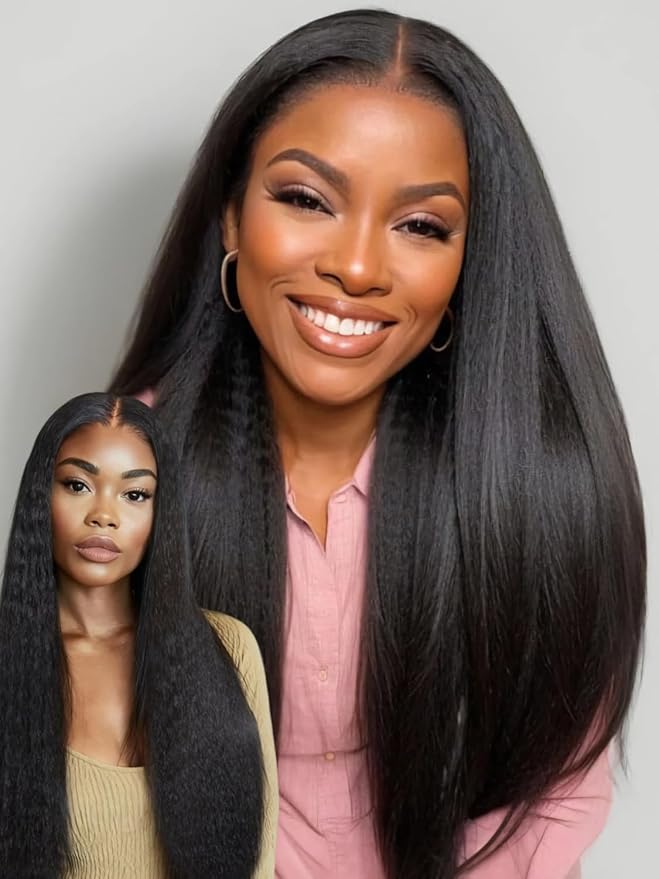 Julia Hair EasiContour V Part Kinky Straight Wigs Human Hair Glueless Yaki Straight Vpart Wig Clip in Half Wigs No Leave Out Real Scalp Upgrade U Part Kinky Wig Beginner Friendly Natural Black 22 Inch