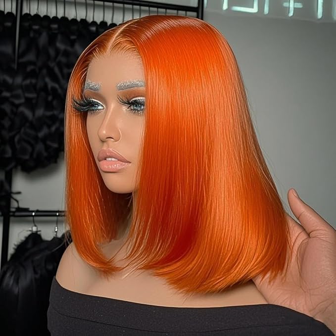 250% Density Ginger Bob Lace Front Wig Human Hair 13x4 Orange HD Lace Closure Human Hair Wig Pre Plucked with Baby Hair Short Ginger Straight Bob Colored Wig for Women 12 Inch