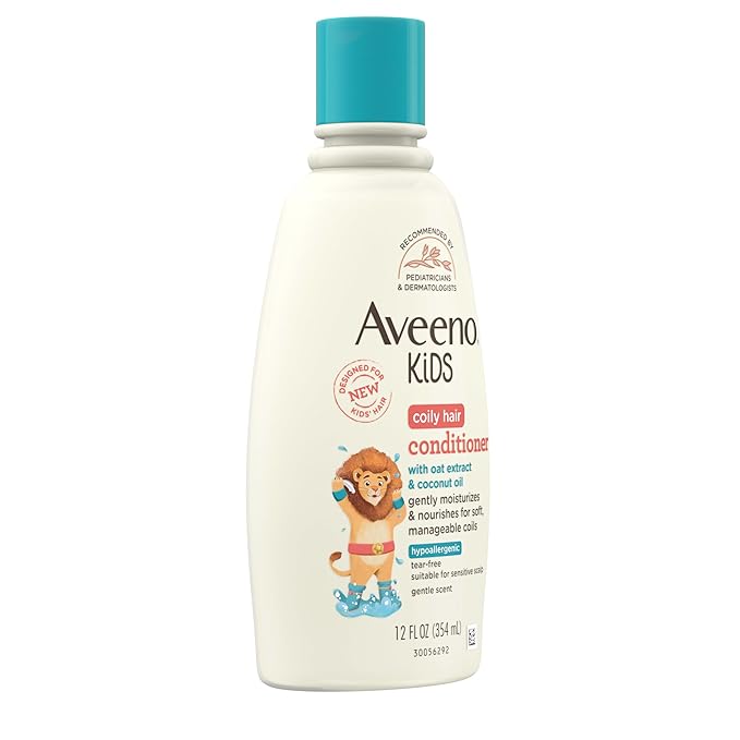 Aveeno Kids Coily Hair Conditioner with Oat Extract & Coconut Oil, Coily Hair Conditioner for Toddlers Detangles & Moisturizes Coils for Healthy-Looking Hair, Hypoallergenic, 12 fl. oz