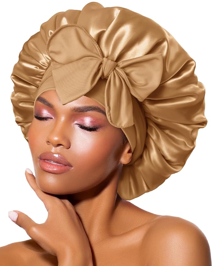 BONNET QUEEN Silk Bonnet for Sleeping Women Satin Bonnet Night Sleep Cap Wrap for Curly Hair with Adjustable Tie Band,Gold
