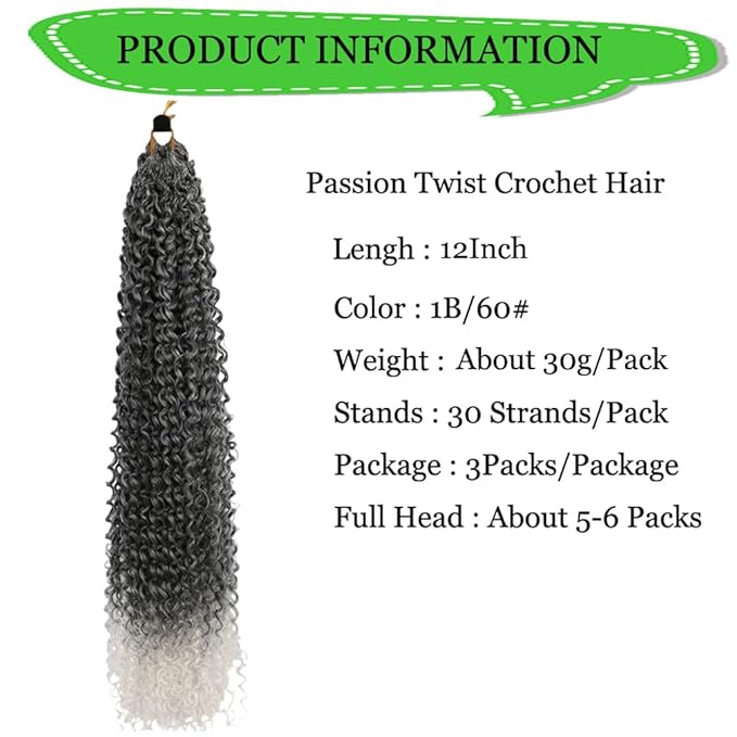 Passion Twist Hair Extensions Black to White Curly Crochet Hair 12 Inch Short Curly Braiding Hair 3 Packs Ombre Crochet Braids with Curls for Black Women(12",1B60)