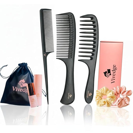 VIVEDGE| Carbon Comb Set for Curly Hair | Anti Static Frizz-free Detangling Wide Tooth Parting Combs with Premium Hair Acccessories for Styling | Gift set for loved ones(Pink-Light Yellow)