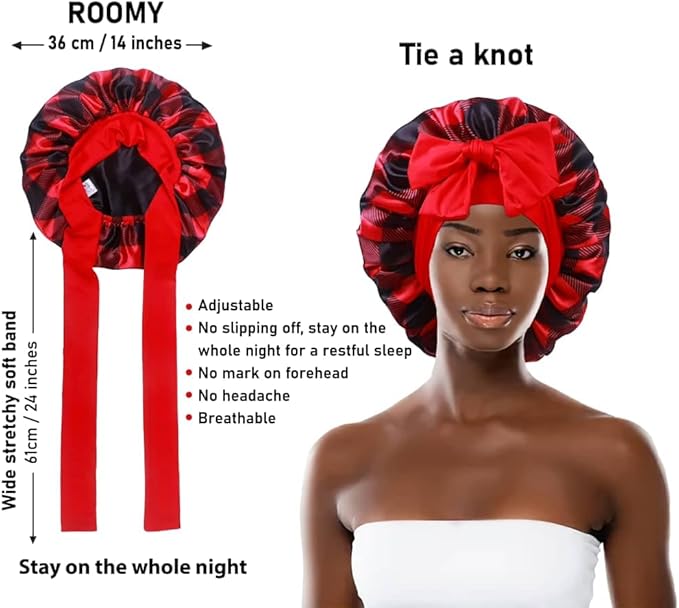 Buffalo Plaid Satin Sleep Bonnet, Double Layer Silky Red and Black Cap with Bow, Adjustable Hair Protection Headwear for Night