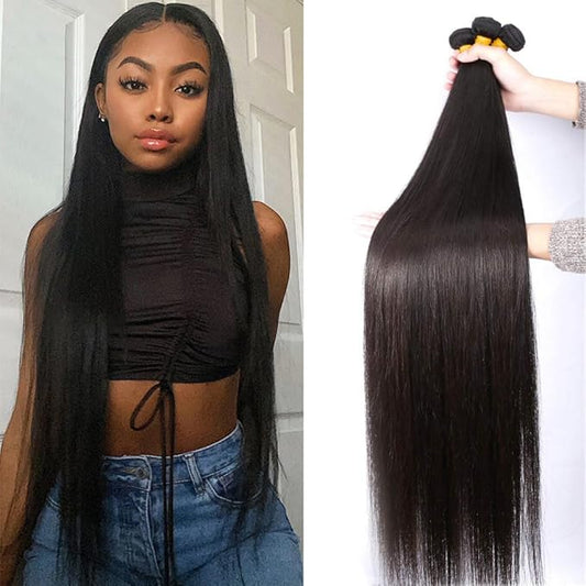 Human Hair Bundles Straight Bundles Human Hair 18 20 22 Inch 100% Unprocessed Brazilia Virgin Hair Double Weft Weave Deals Natural Black - 3 Pack, Style Keep Texture Silky Soft, Hair Extension