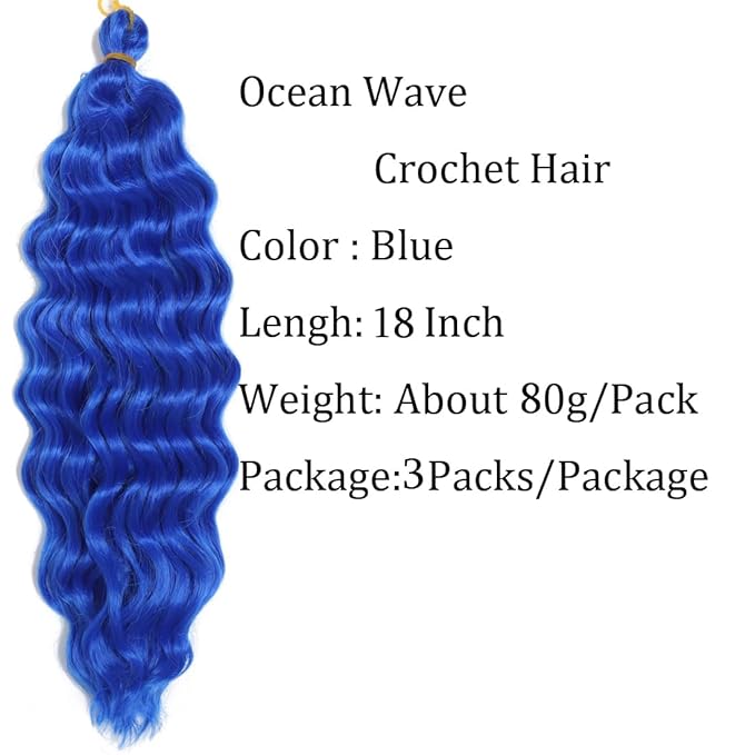 18 inch Ocean Wave Crochet Hair Deep Wave Twist Crochet Hair Extensions Curly Braiding Hair 3 packs Long Wavy Braids For Women(18 inch, Blue)