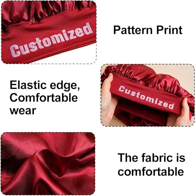 Custom Silk Bonnet for Women - Personalized Name Logo Satin Bonnet Hair Wrap for Sleeping Band Sleep Night Head Cover for Curly Braid Fine Black