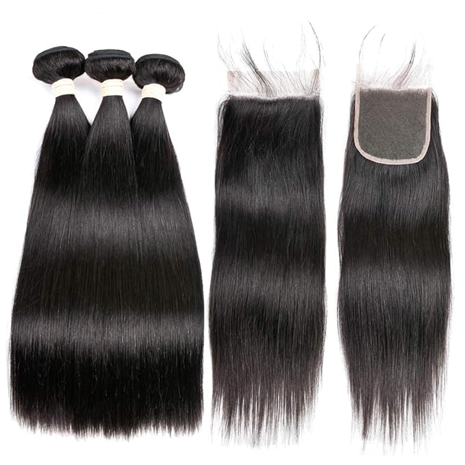 Straight Hair 3 Bundles with Lace Closure (20 22 24 +18 Free Part Closure) Brazilian Virgin Human Hair Weave 100% Unprocessed Human Natural Black Straight Remy Hair Extensions