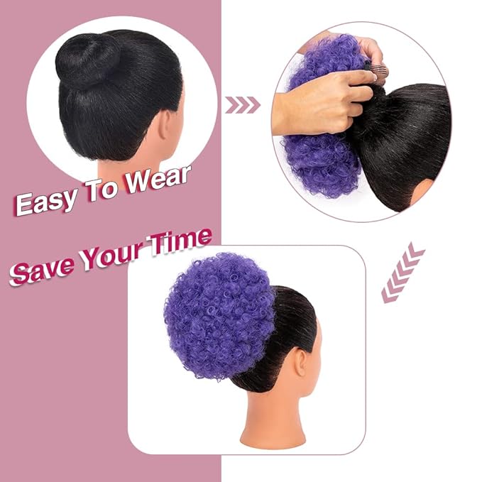 rosmile Afro Puff Drawstring Ponytail Extension for Black Women, Premium Purple 80 Gram Short Synthetic Afro Puff Ponytail for Natural Hair, Clip on Kinky Drawstring Curly Ponytail Bun
