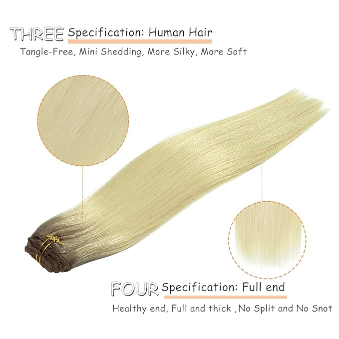 Caliee 14 Inch Human Hair Extensions Clip in R20/60A Ombre Sunkissed Blonde Roots to Platinum Blonde Clip in Hair Extensions Remy Hair Full Head Silky Straight Natural Hair Extensions 120G 7PCS