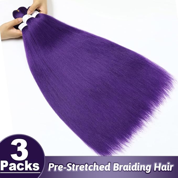 Purple Braiding Hair Extensions 26 Inch Pre stretched Braiding Hair Hot Water Setting Synthetic Hair Colored Braiding Hair Pre Stretched Crochet Braids Hair(26 Inch,3 Packs,Purple#）