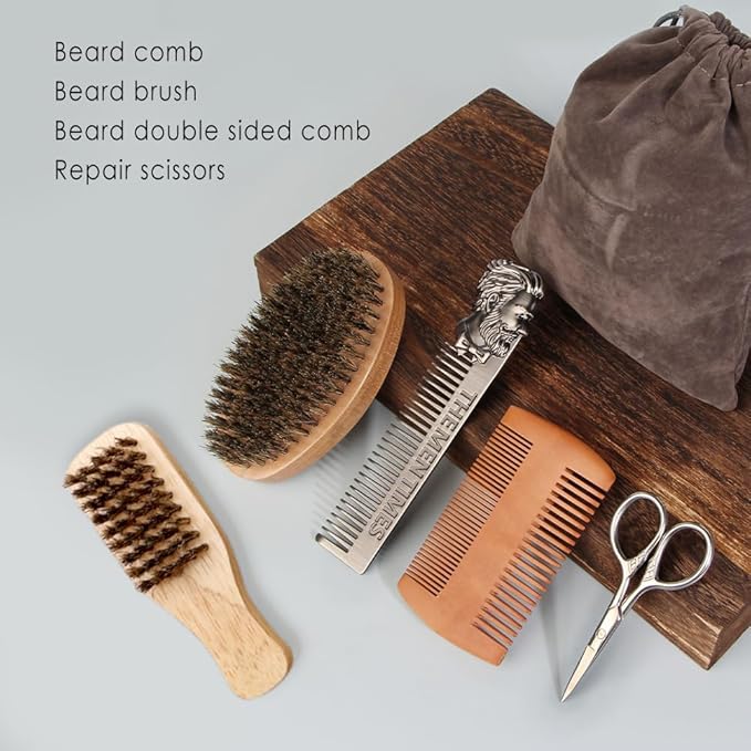 Beard Brush and Comb Set with Mustache Scissors Grooming Kit, Natural Boar Bristle, Dual Action Wood Comb, Dual Side Brush for Men's Facial Hair, Travel Bag