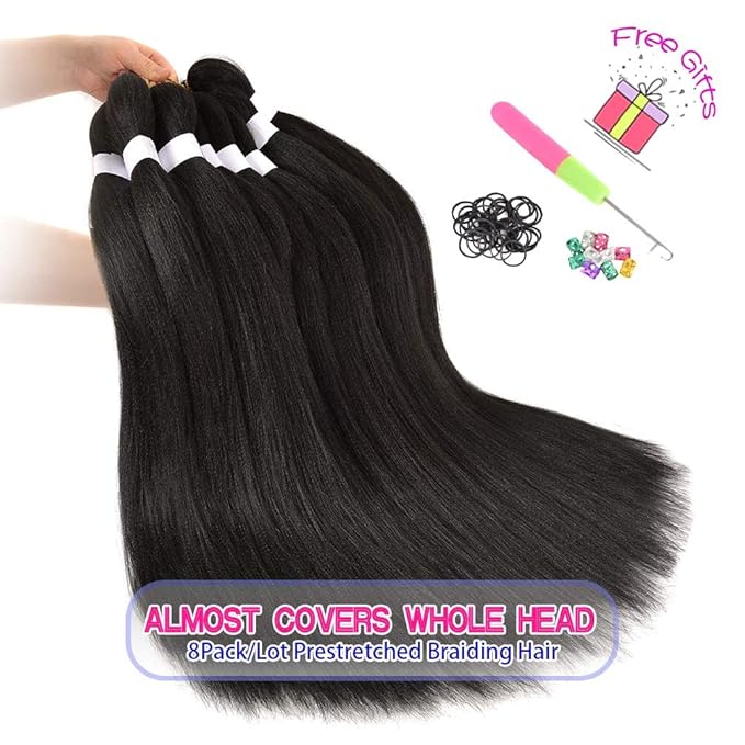 8 Pack Pre Stretched Braiding Hair - 20" 80G/Pack Premium Braiding Hair Pre Stretched Extensions, Professional Itch Free Hot Water Setting Perm Yaki Texture Prestretched Hair (#1B)