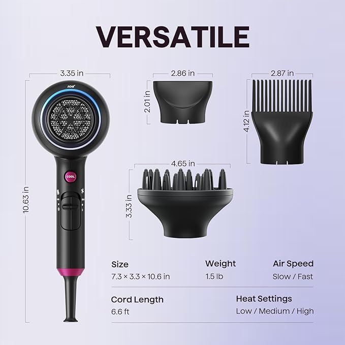 Wavytalk Hair Dryer with Diffuser, Blown Away Ionic Hair Dryer for Curly Hair with Comb, 1875W Fast Drying Blow Dryer with Ceramic Technology, 3 Attachments for All Hair Types, Light and Quiet, Black