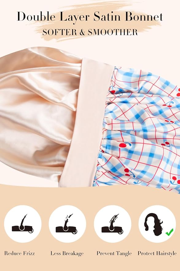 Double Layer Silk Bonnet with Tie Satin Lined Sleep Cap Hair Cover for Women's Curly Natural Hair