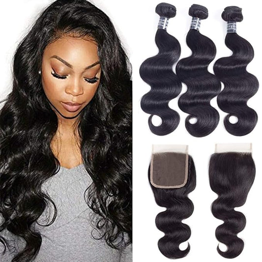 Amella Hair 100% Unprocessed Brazilian Body Wave Bundles with Closure (16 18 20 +14Closure, Natural Black) Virgin Brazilian Hair Bundles Weave with Lace Closure Free Part