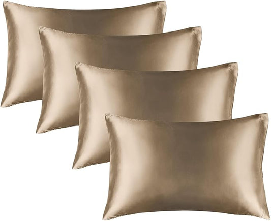 BEDELITE Satin Pillowcase for Hair and Skin, Super Soft Similar to Silk Pillow Cases 4 Pack with Envelope Closure, Cooling Pillowcases for Women Men (20"x26" Standard Size, Tawny Brown)