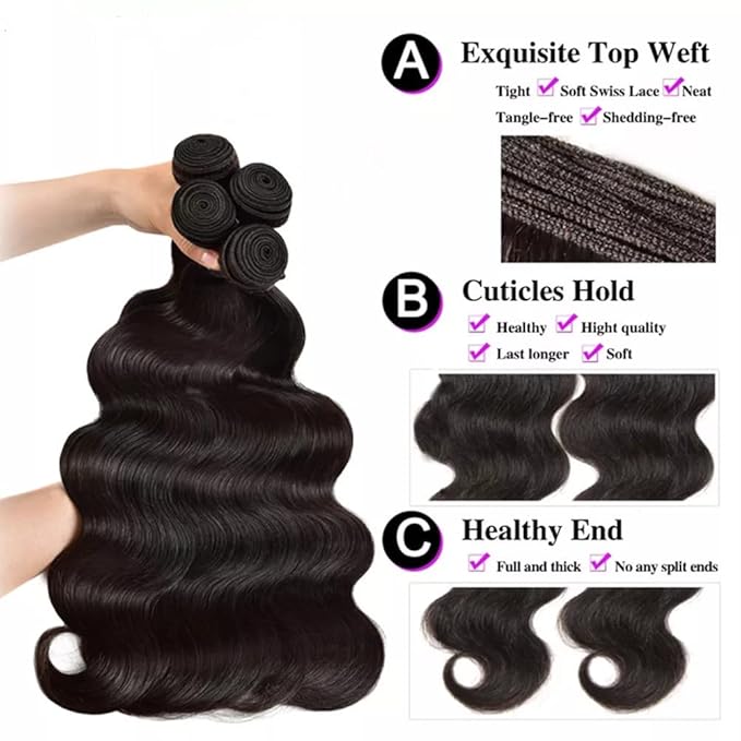 Human Hair Bundles Body Wave 4 Bundles 12A Brazilian Hair Bundles（16 14 12 10）inch Body Wave Virgin Hair Natural Black Bundles Unprocessed Remy Human Hair Weaves Brazilian Hair Extensions