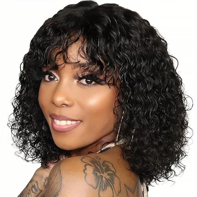 Curly Wig Human Hair With Bangs Real Human Hair Wigs For Women Wet And Wavy Wig Upgrade 2x4 HD Lace Curly Deep Wave Glueless Wigs Black Color 10inch