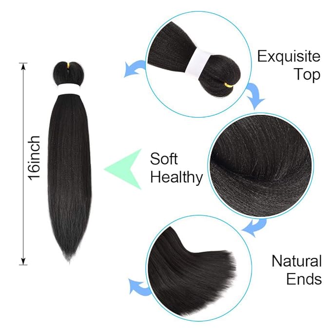 8 Pack Pre Stretched Extensions - 16" Premium Braiding Hair, 55G/Pack, Itch-Free, Hot Water Setting, Perm Yaki Texture (#1B)