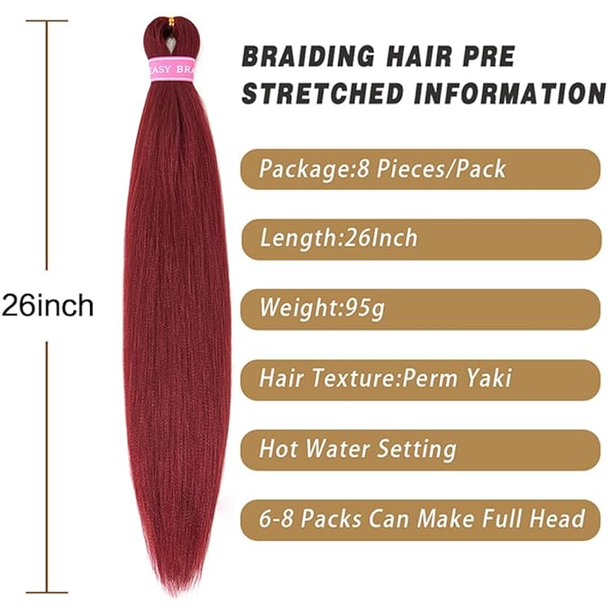 AQINBEL Braiding Hair 26 Inches -8 Bundles Braiding Hair Pre Stretched Itch Free Crochet Twist Hair for Braids Yaki texture Burgundy Braiding Hair Extensions for Women (900#)