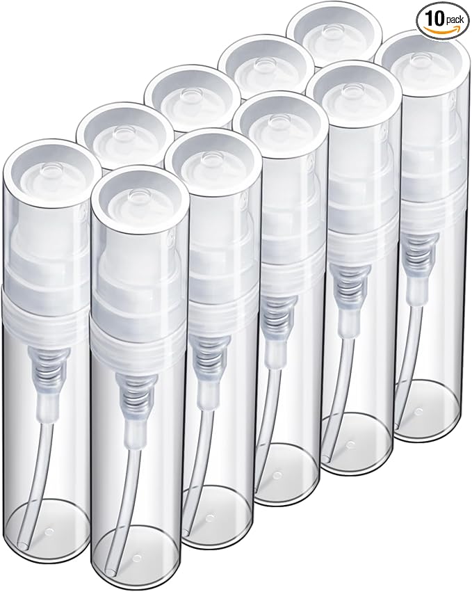 Fandamei 3ml Mini Spray Bottle, 10 Pack 3ml Mini Clear Plastic Spray Bottle Empty, Fine Mist Refillable Mini Perfume Bottle, Perfume Atomizer, Small Empty Sample Containers for Travel Portable