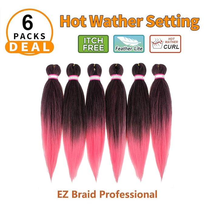Dorsanee Ombre Pink Braiding Hair Pre Stretched 20 Inch 6 Packs Braiding Hair Extensions for Crochet Box Braids Twists Locs Hair Itch Free Soft Yaki Texture Hot Water Setting (20inch,#1B/Pink)