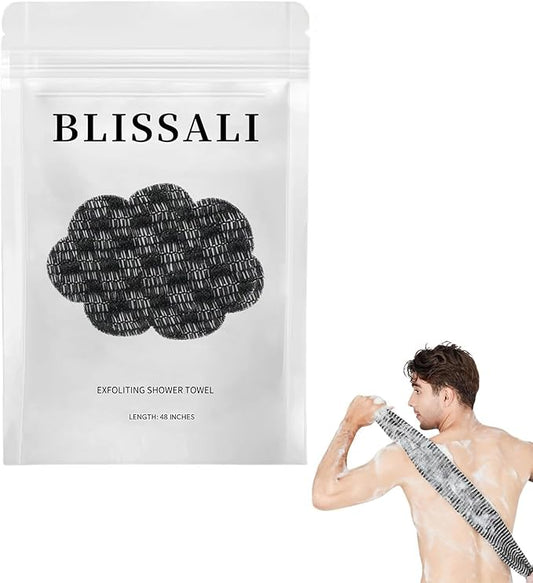 Blissal Exfoliating Shower Towel 47", Premium Scrub Wash Cloth for Body Face, Blissal Shower Towel for Smooth Skin, 2-in-1 Exfoliating Washcloth-Body Scrubber with 2 Sides for All Skin Types (Black)
