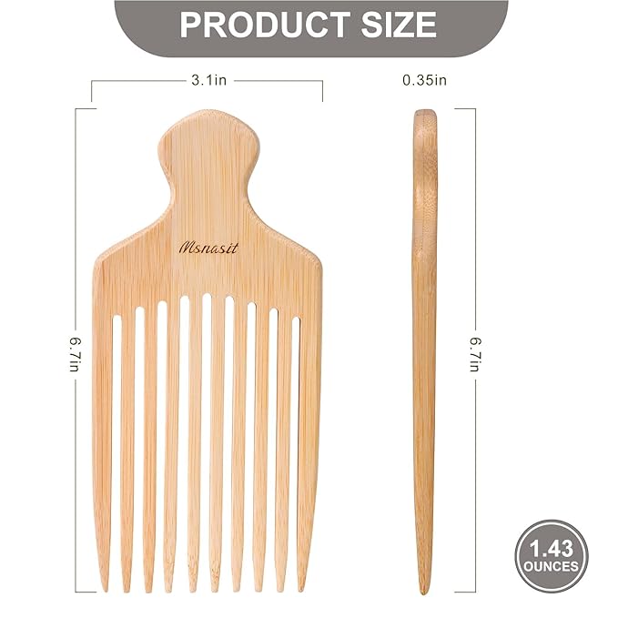 Bamboo Hair Pick for Curly Hair, Premium Wooden Wide Tooth Detangling Comb with Ergonomic Handle, Natural Volume & Styling Tool for Men Women, Fine or Thick Beard Pick