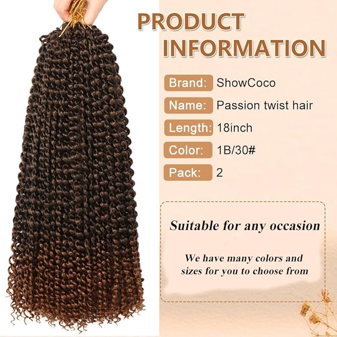 2 Packs Passion Twist Hair 18 Inch Passion Twist Crochet Hair For Black Women Water Wave Crochet Braiding Hair Extensions (18 Inch, 1B/30)