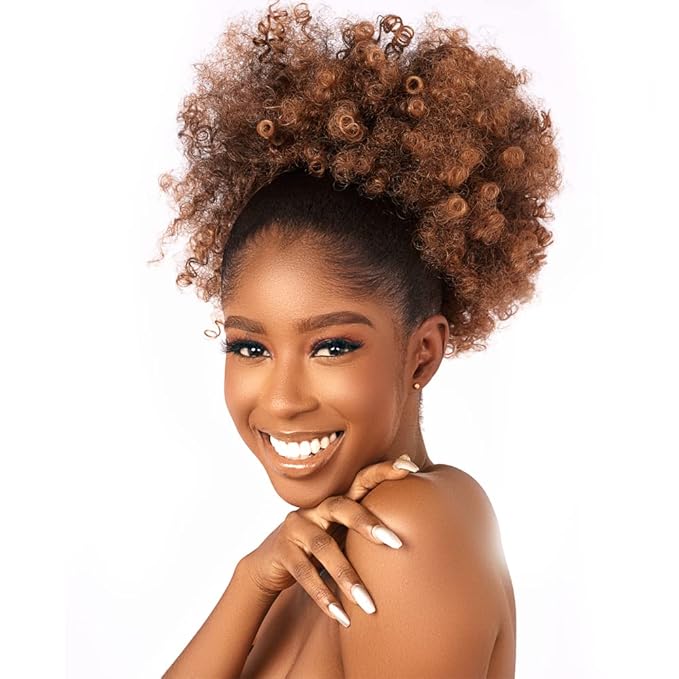 Afro Puff kinky curly Drawstring Ponytail Extension for Black Women Synthetic Short Afro Kinkys Curly Afro Bun Extension Hairpieces Updo Hair Extensions with Two Clips(T30#)