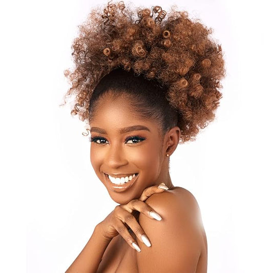Afro Puff kinky curly Drawstring Ponytail Extension for Black Women Synthetic Short Afro Kinkys Curly Afro Bun Extension Hairpieces Updo Hair Extensions with Two Clips(T30#)