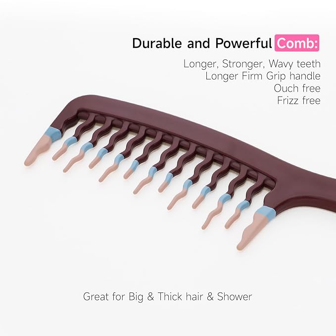 Big Hair Tools Extra Large Wide Tooth Comb for Thick, Curly, Wavy or Long Hair - Frizz-Free Detangling Shower Comb - Big Hair Comb and Microfiber Scrunchie