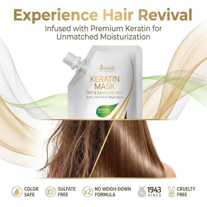 VITAMINS hair cosmetics Keratin Hair Mask - Protein Repair Keratin Treatment - Deep Conditioner for Dry, Damaged, Curly, Straight & Frizzy Hair with Biotin, Collagen & Castor Oil - 3.4 Fl Oz