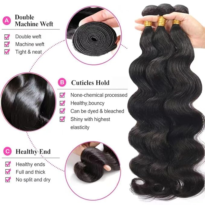 12A Human Hair Bundles Body Wave 3 Bundles 16 18 20 Inch Weave 100% Unprocessed Brazilian Human Hair Bundles（16 18 20）